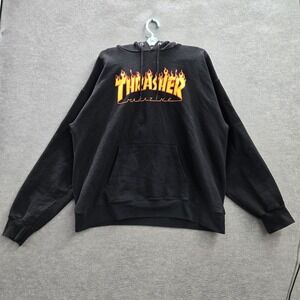 Thrasher Men Hoodie L Black Graphic Fleece Drawstring Long Sleeve